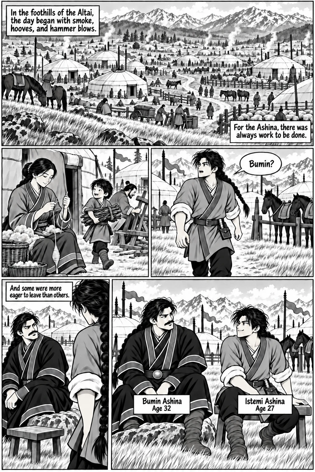 Manga page 1: a camp of yurts in the foothills of the Altai in the morning; Bumin Ashina, aged 32, and his brother Istemi, aged 27.