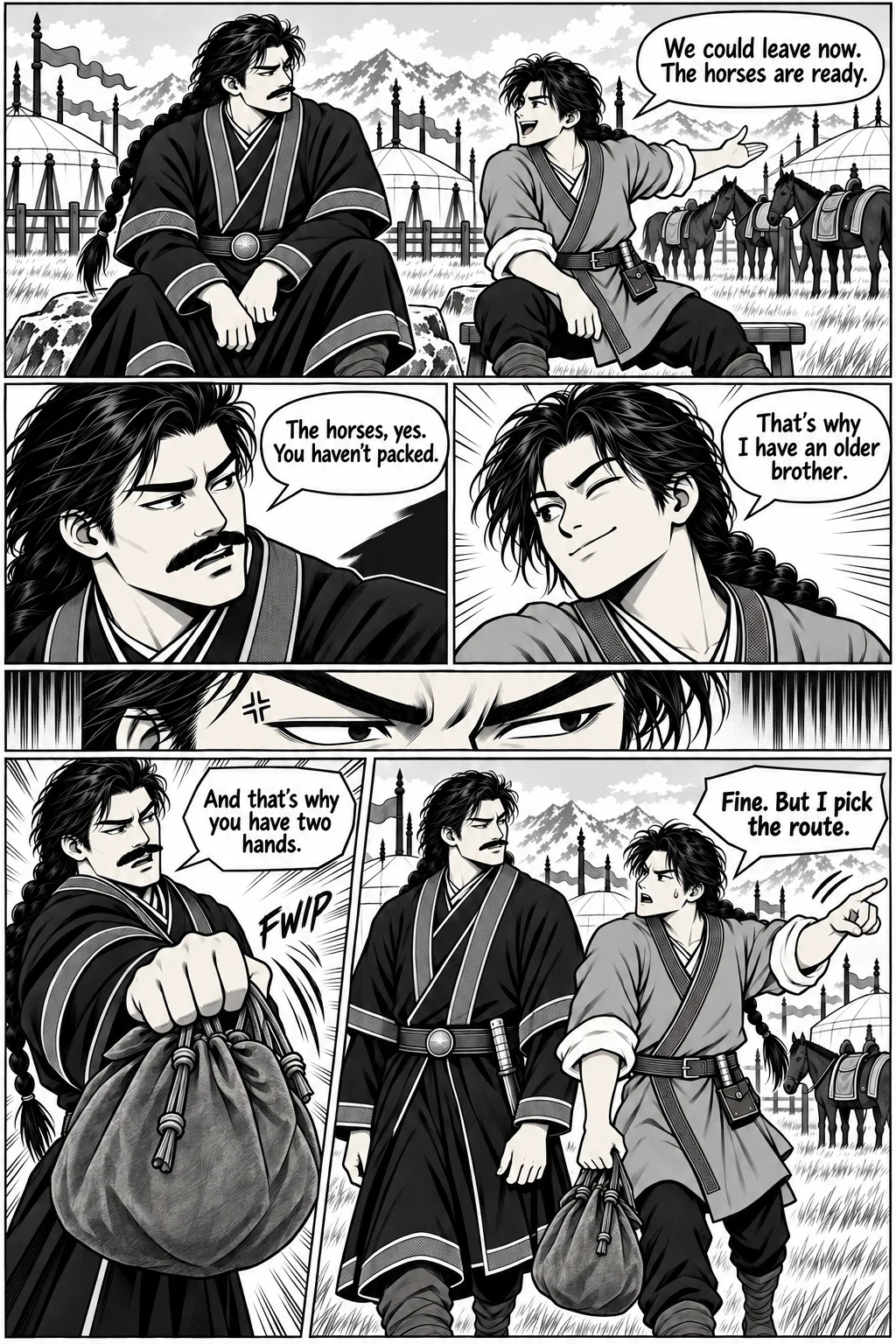 Manga page 2: two brothers sit by their saddled horses and argue about the packing and who picks the route.