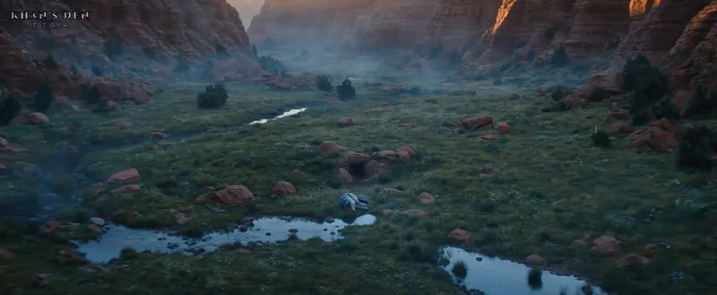 Still: spot the Asena. A green valley between red cliffs, a wolf lying in the grass.