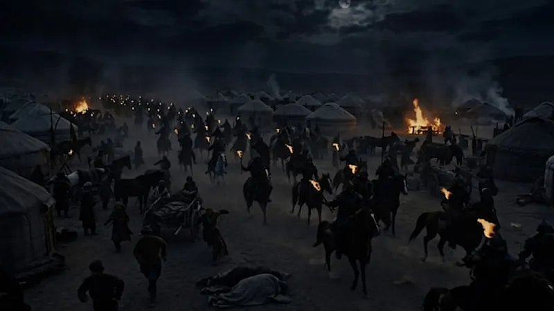 Still: they are coming. Riders with torches ride into a night camp.