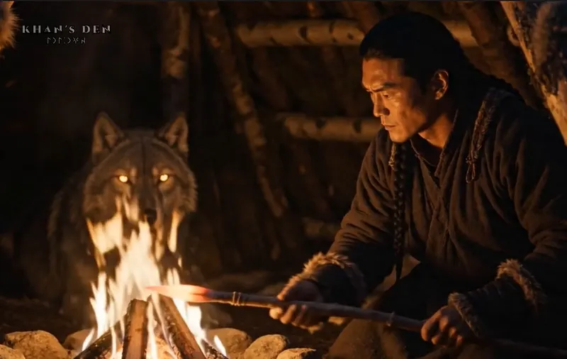 Still: Asena shall guide him. A man by the fire in a hut, a wolf with glowing eyes behind the flames.