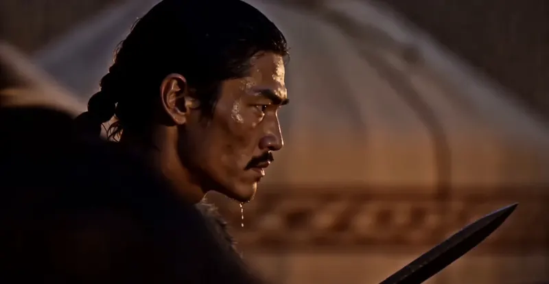 Still: Ashina's revenge. The sweating face of a man with a spear in a yurt.