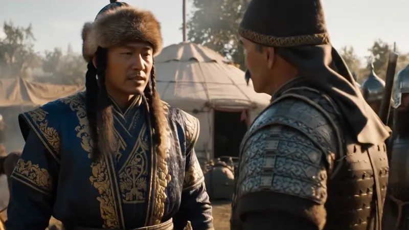 Still from the showreel: a man in a blue coat with gold embroidery and a fur hat faces an armoured warrior in the camp.