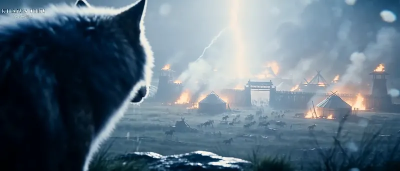 Still: Asena watches the revenge. A wolf looks over a burning fortress under a bolt of lightning.