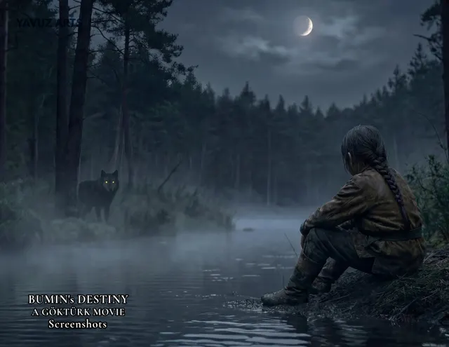 Standbild: ein Junge nachts an einem nebligen See, ein Wolf zwischen den Bäumen.