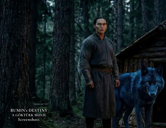 Standbild: ein Mann im Wald neben einem blauen Wolf.